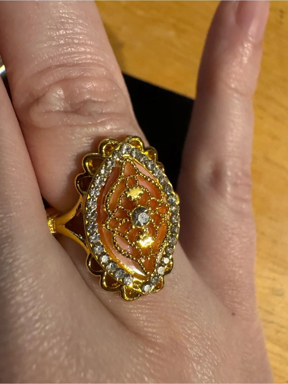 Gold Tone Pink Accent Rhinestone Fashion Ring